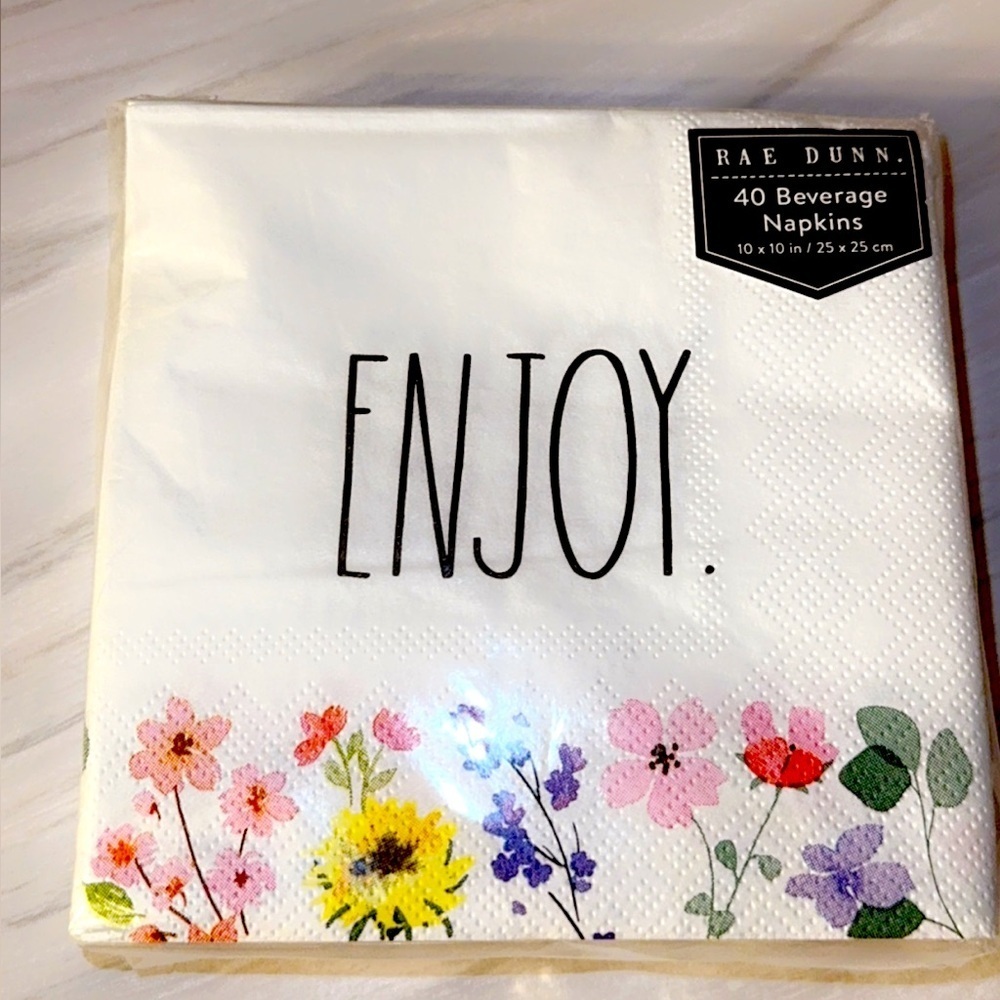 Sale! NWT Rae Dunn Spring/Floral Beverage Napkins “Enjoy” 40 count/10x10/3 Ply